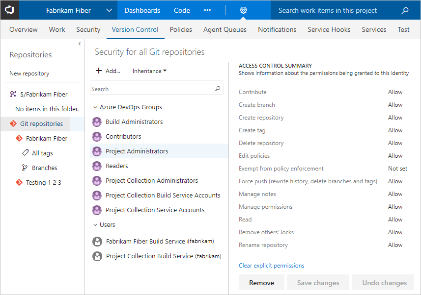 Git repository permissions dialog, TFS