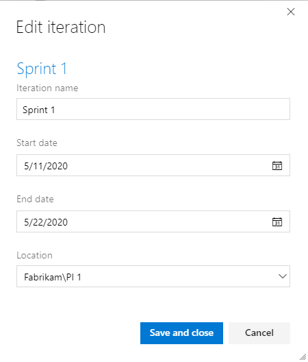 Iterations page, create IP Sprint iteration