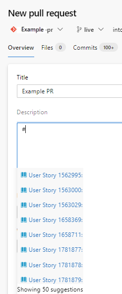 Screenshot of work item list produced when entering # in PR description.