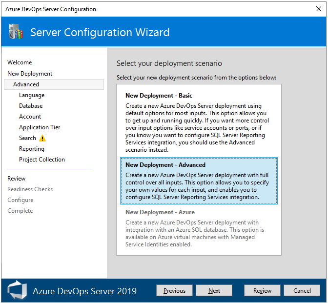 Screenshot of New Deployment, Advanced selection.