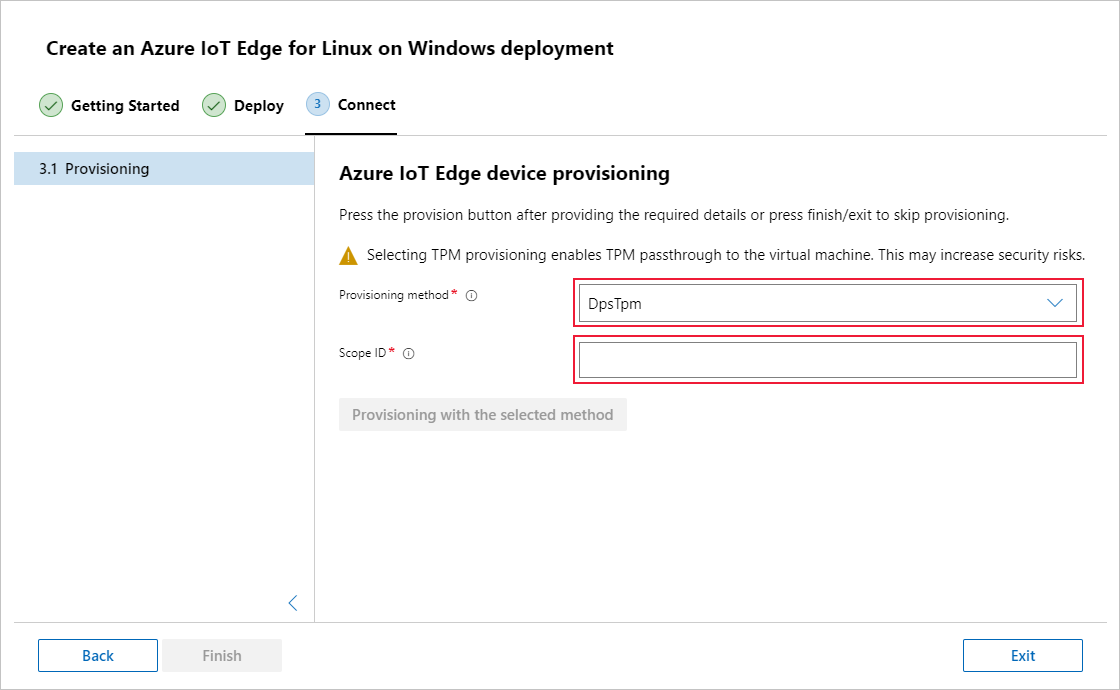 Screenshot that shows provisioning your device with the device provisioning service and TPM attestation.