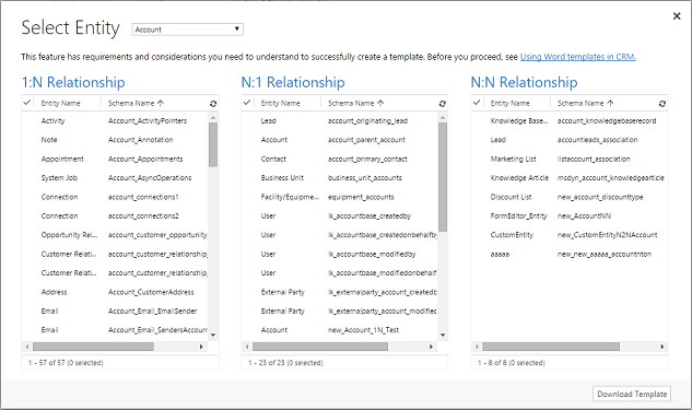 Select entities for the Word template