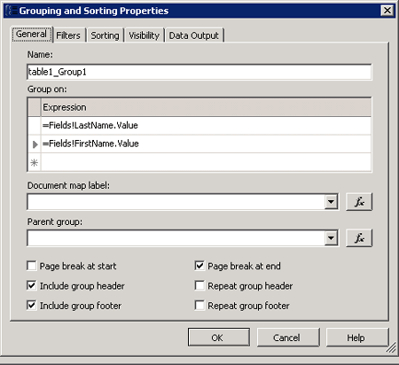 General tab, Grouping and Sorting Properties page