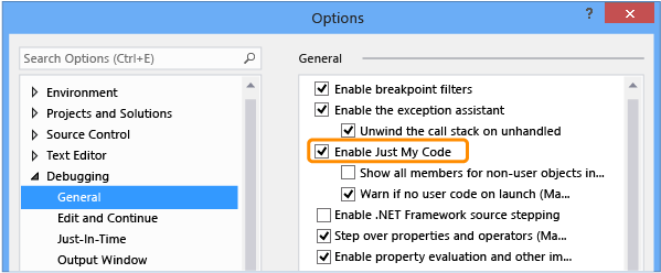 Enable Just My Code in the Options dialog box