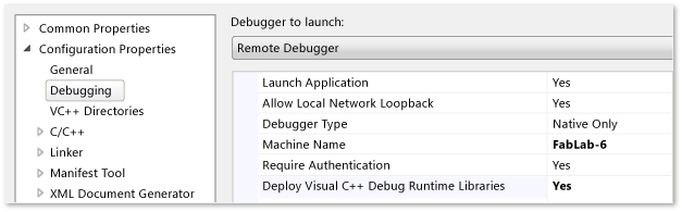 C++ project properties for remote debugging