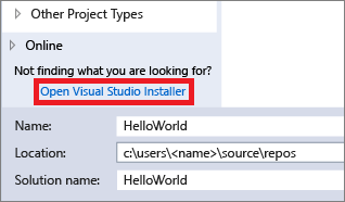 Screenshot showing the link to 'Open Visual Studio Installer' in the New Project dialog box.