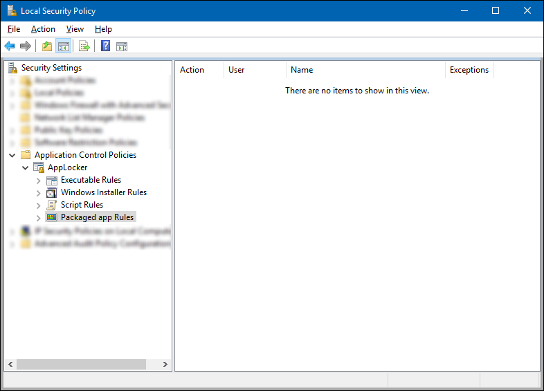 Local security snap-in, showing the Packaged app Rules.