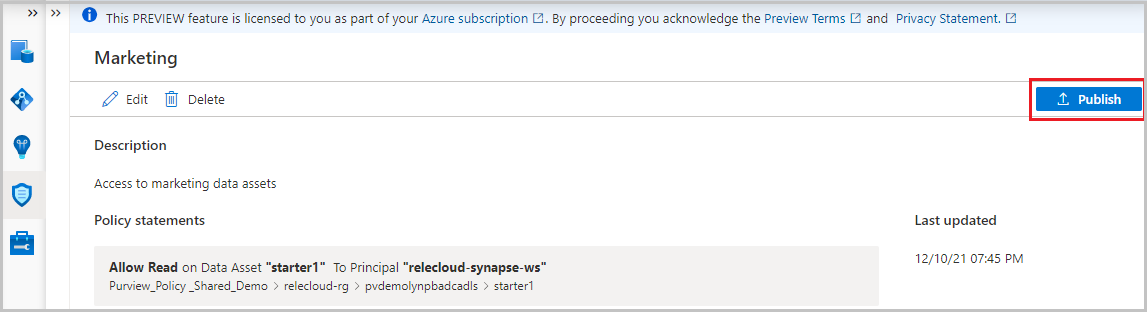 Screenshot showing data owner can publish a policy.