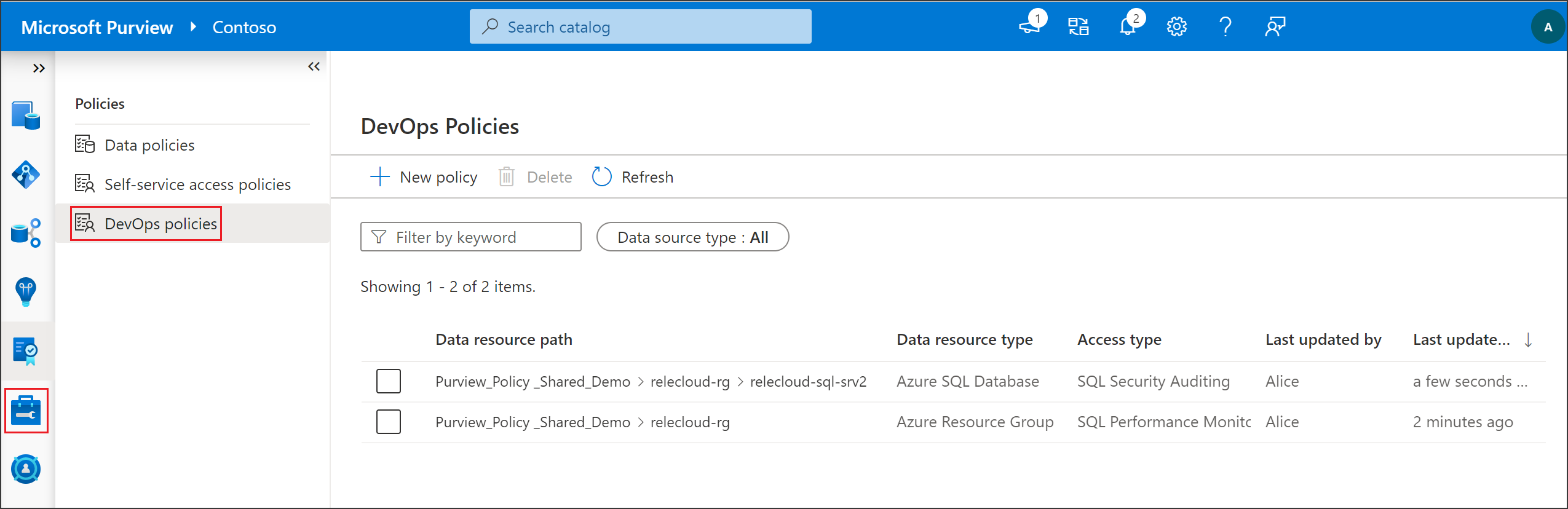 Screenshot that shows selections for opening a list of SQL DevOps policies.