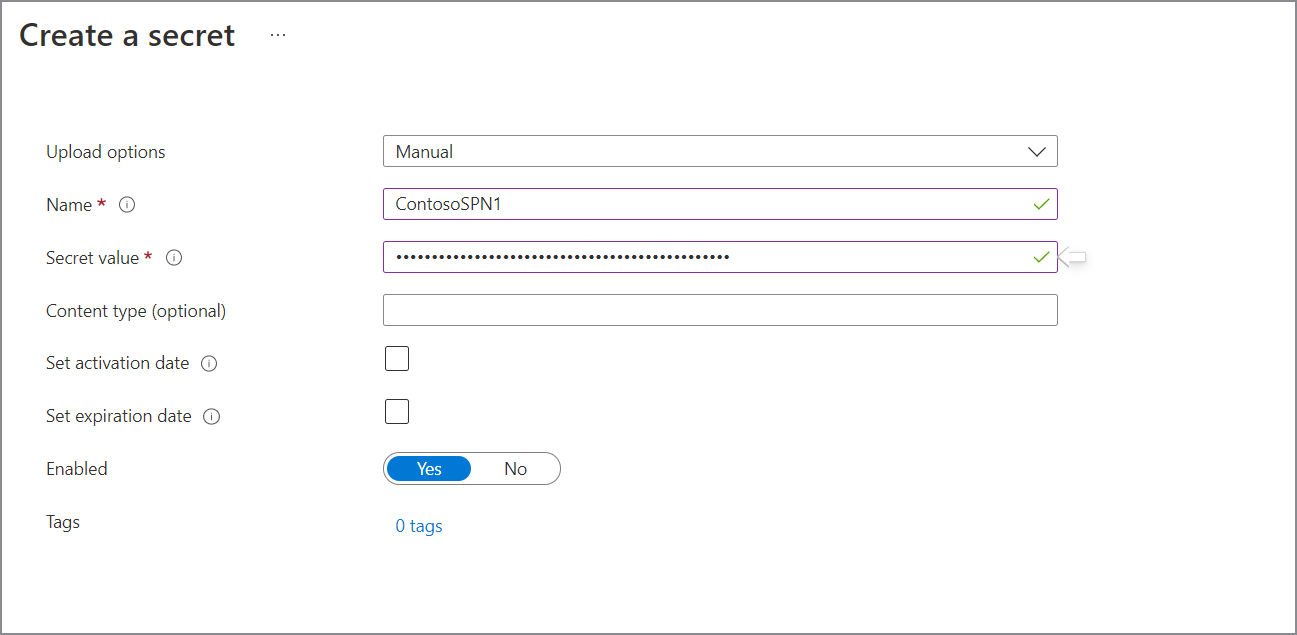 Screenshot how to generate an Azure Key Vault secret for SPN.