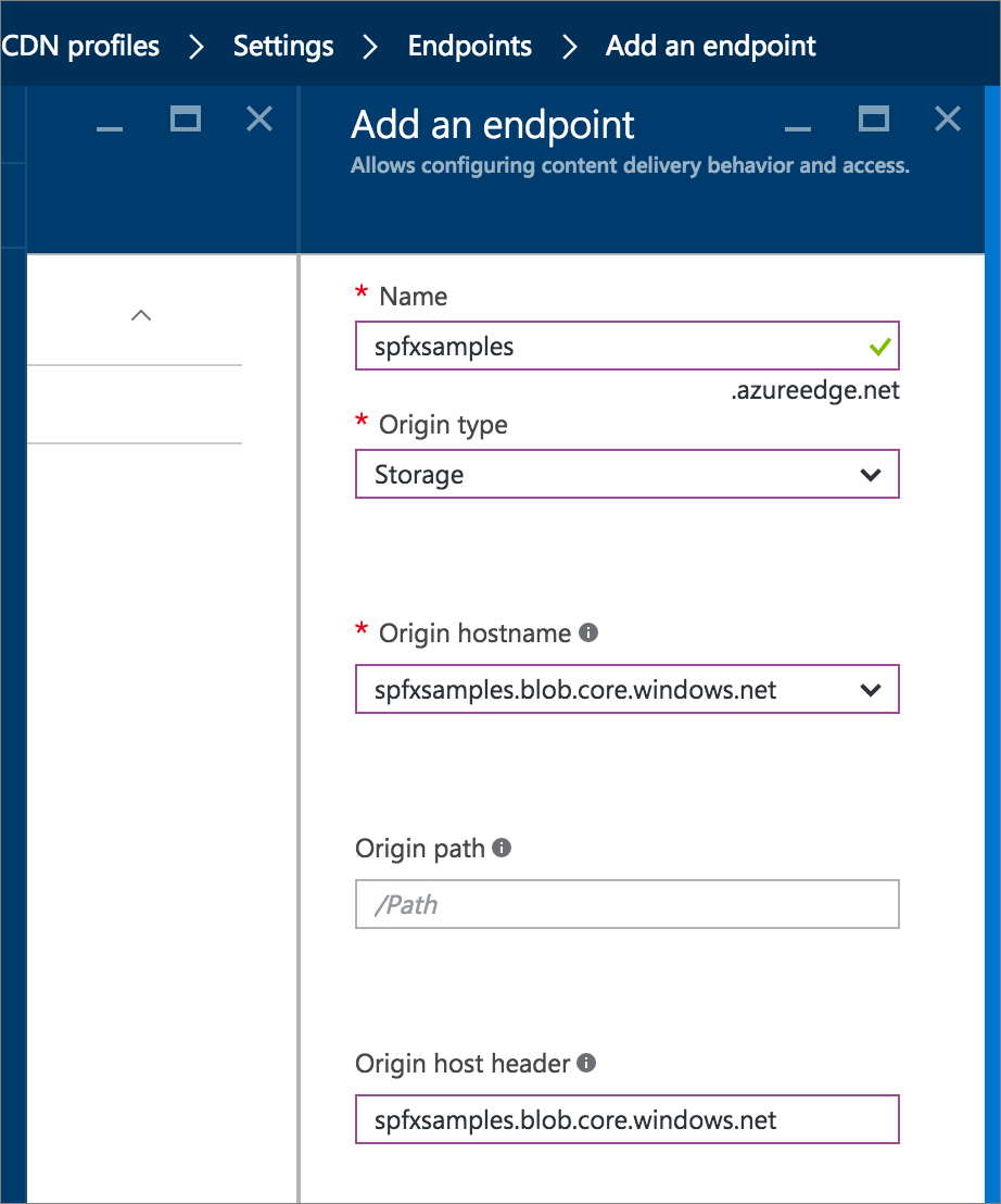 Screenshot of create CDN endpoint