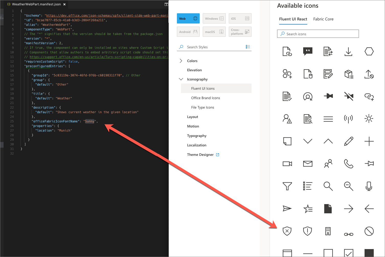 Arrow pointing from the icon name on the Fluent UI icons overview page to the web part manifest code