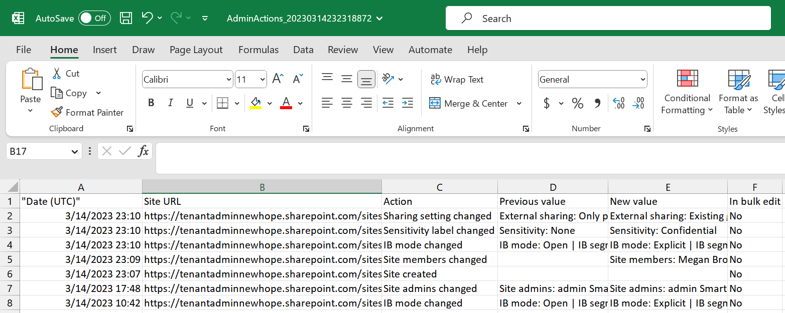 Screenshot of .csv file of recent admin actions