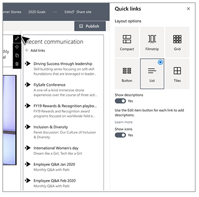 Image of the Quick links web part edit pane