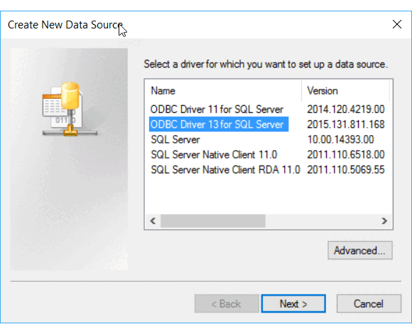 Screenshot of the ODBC Data Source Administrator Create New Data Source window showing the drivers available.