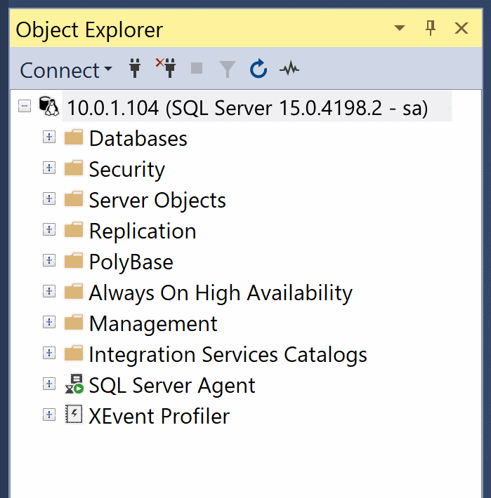 Screenshot showing the Object Explorer connected to the database instance.