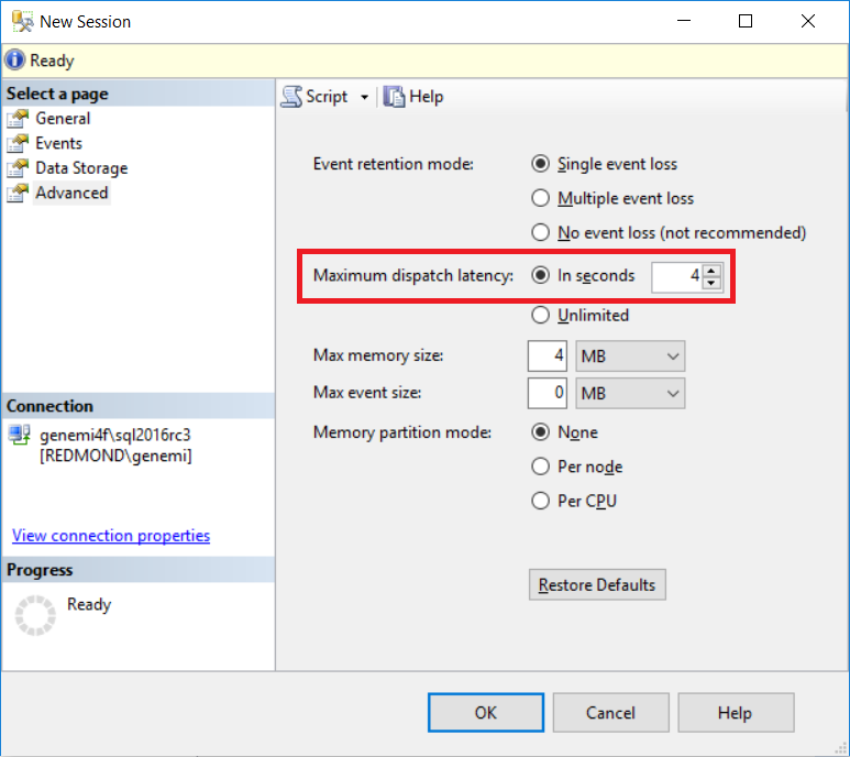 New Session > Advanced, Maximum dispatch latency