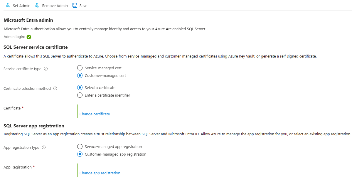 Screenshot of setting Microsoft Entra authentication in the Azure portal.