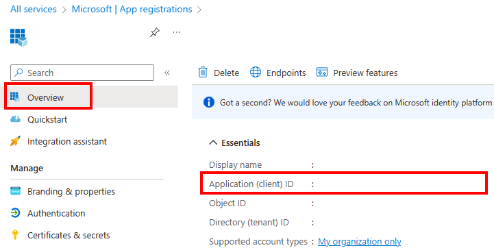 Screenshot of the Application (client) ID value on the Overview pane.