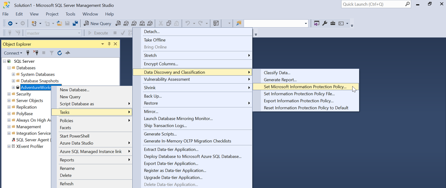 Screenshot to sset Microsoft Information Protection Policy in S S M S