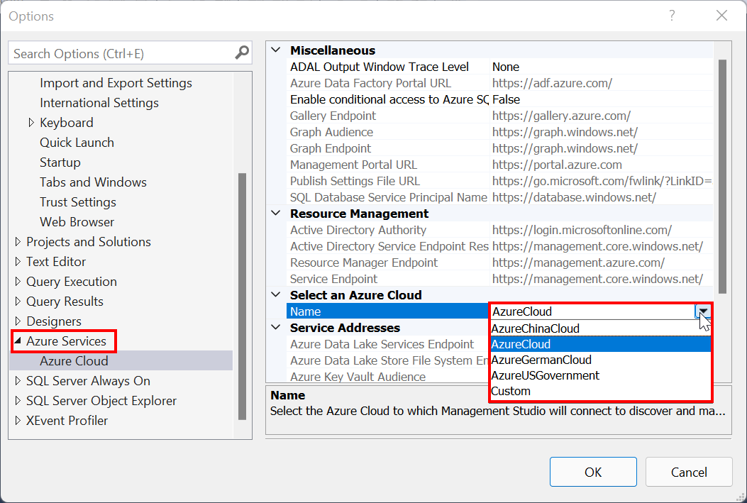 Screenshot of selecting type of Azure cloud in S S M S