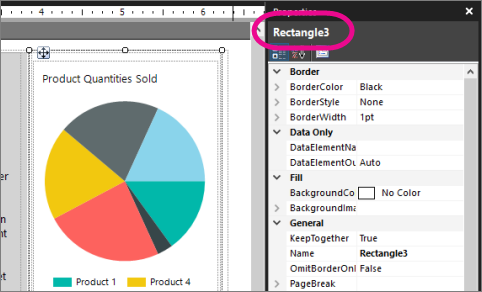 Screenshot that shows how to view the Name property in the Report Builder free form report.