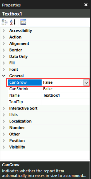 Screenshot of the Properties Pane for the selected table cell highlighting the CanGrow property.