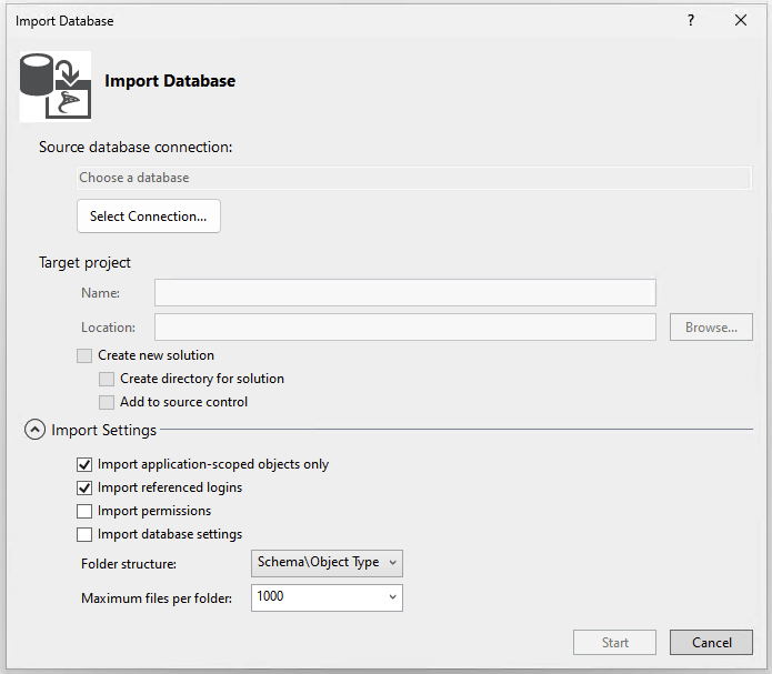 Screenshot of Import Database dialog in Visual Studio.