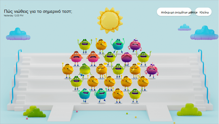 Screenshot of the together view of the Reflect app after a poll closed. Feelings monsters representing each student stand on bleachers as if taking a class picture. The various colors and body language of the feelings monsters illustrate the moods in the class.