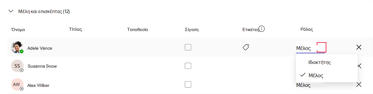 Στιγμιότυπο οθόνης των ρυθμίσεων ρόλου μέλους στο Microsoft Teams.