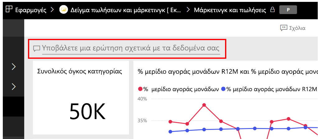 Στιγμιότυπο οθόνης του πεδίου Q&A που εμφανίζει Υποβολή ερώτησης σχετικά με τα δεδομένα σας.