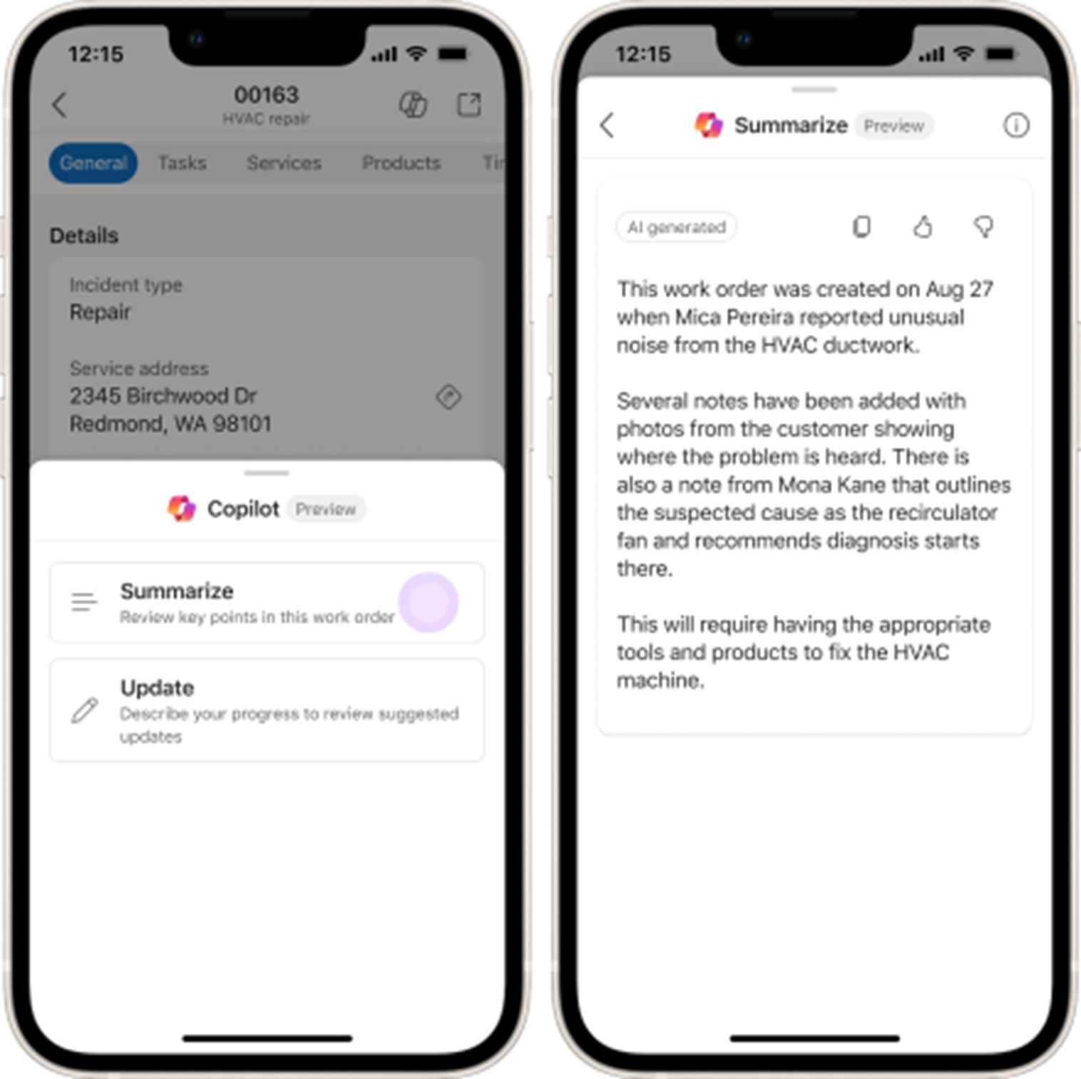 Screenshot of Copilot work order summary.