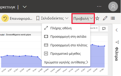 Στιγμιότυπο οθόνης των επιλογών του μενού Power BI Προβολή.