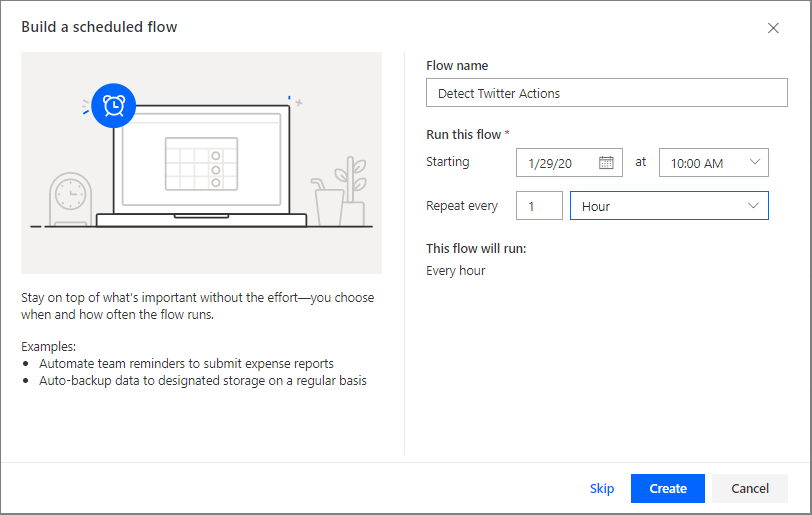 Screenshot of Build a scheduled flow with Flow name set to Detect X Actions.