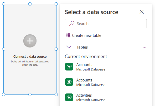 Screenshot that shows connecting your Copilot control to a data source.