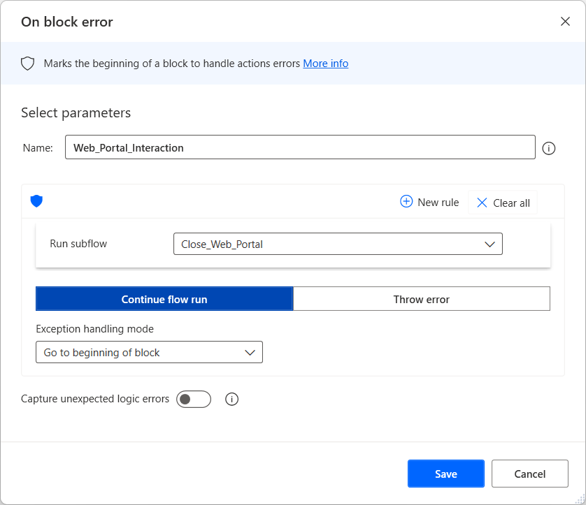 The On block error action's properties dialog.