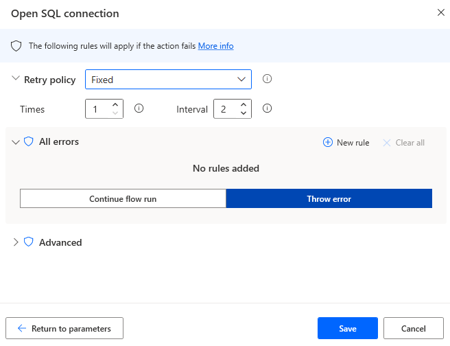 Exception Handling in the Open SQL Connection action's properties.