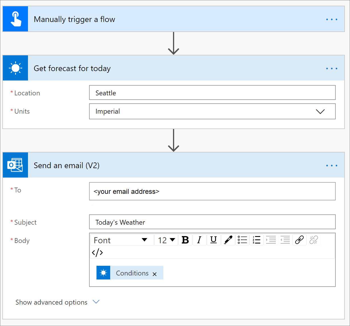 Screenshot of the Get forecast for today and Send an email actions.