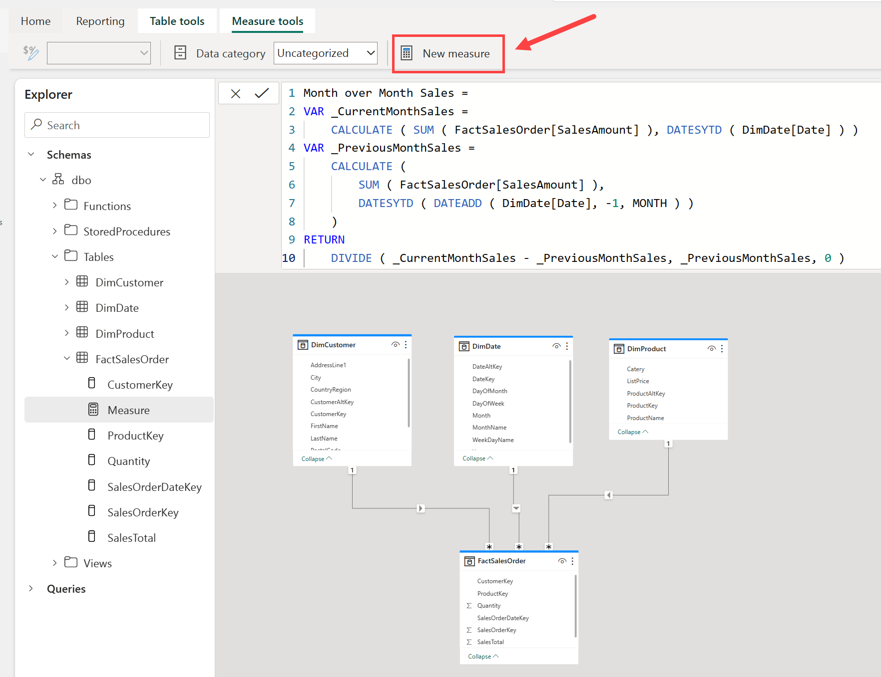 Screenshot of the model view in Fabric displaying the new measure button and a draft measure being written for month over month sales.