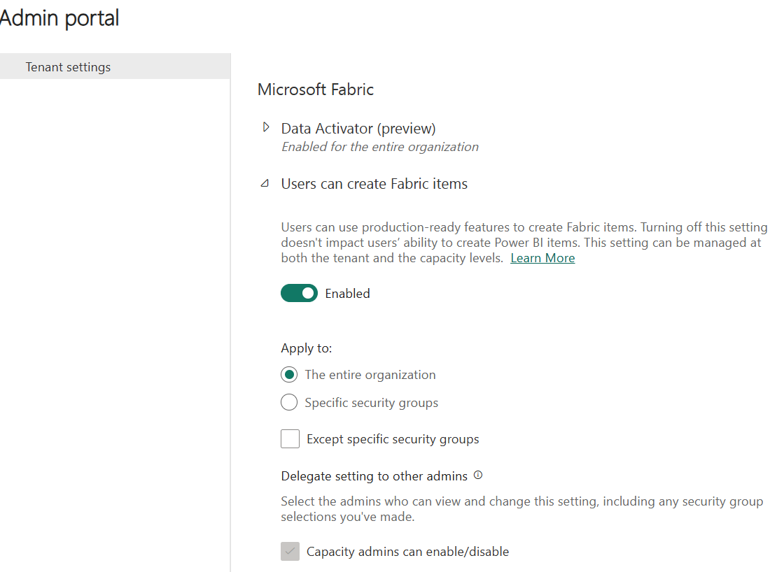 Screenshot of the Enable Fabric settings in the Fabric admin portal..