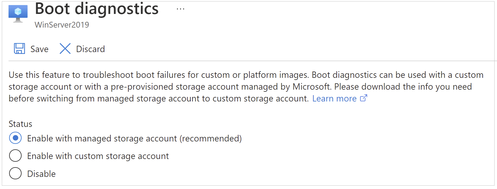 Screenshot of the options in the existing VM's Boot diagnostics page