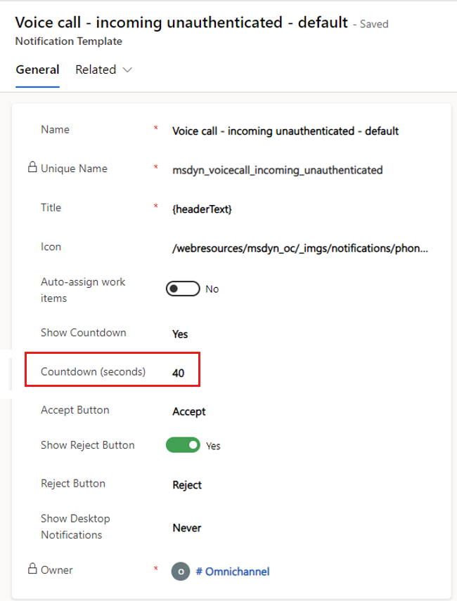 Screenshot of notification template settings that should be configured to avoid call notification issues.