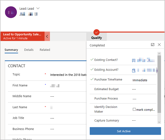 The Set Active button in the Qualify stage of lead form.