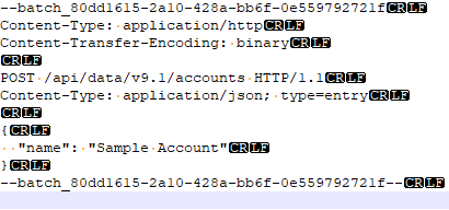 Screenshot that shows a batch request body with CRLF endings for all lines.