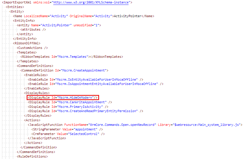 Screenshot to modify the CommandDefinition node by adding the Mscrm.HideOnModern display rule.