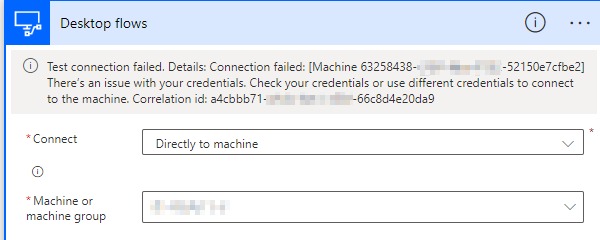 Screenshot of the invalid credentials error that you might receive when creating a desktop flows connection.