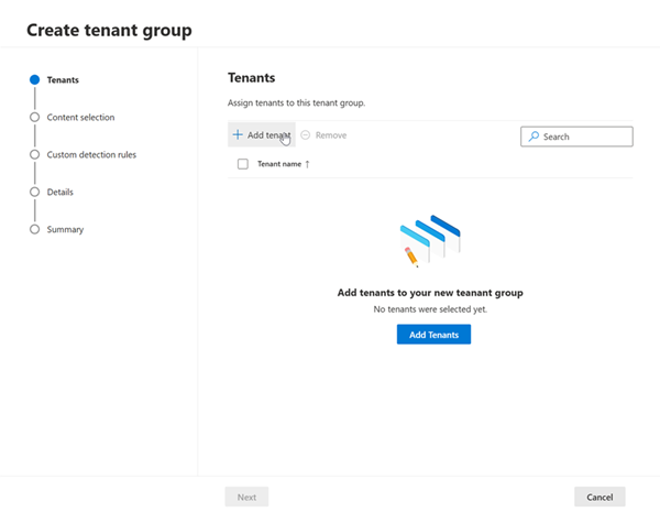 Screenshot of the tenant group creation wizard.