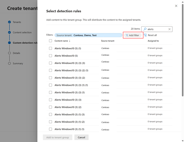 Screenshot of the detection rules selection pane.