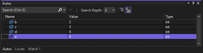 Screenshot of the Autos window, with the line highlighted that shows the int c with a value of 3.