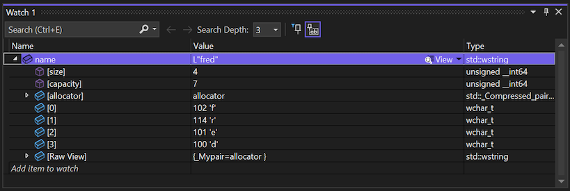 Screenshot that shows the Watch window showing values for the name variable in Visual Studio.